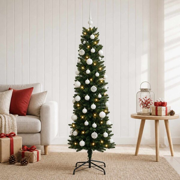 Karcsú műkarácsonyfa gömbökkel 120 cm 150 LED Meleg fehér