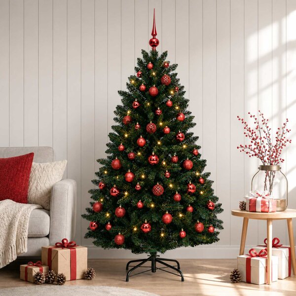 Sötétzöld műkarácsonyfa gömbökkel 150 cm 150 LED Meleg fehér