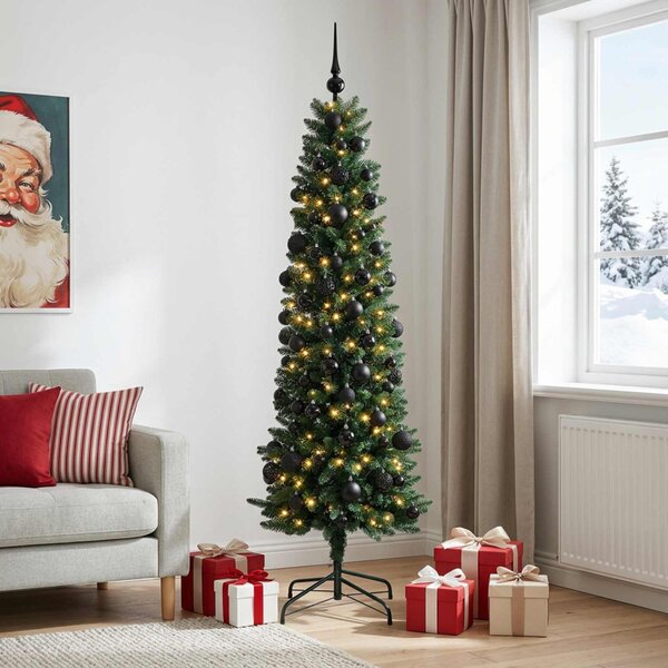 Karcsú műkarácsonyfa gömbökkel 210 cm 300 LED Meleg fehér