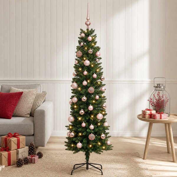 Karcsú műkarácsonyfa gömbökkel 120 cm 150 LED Meleg fehér
