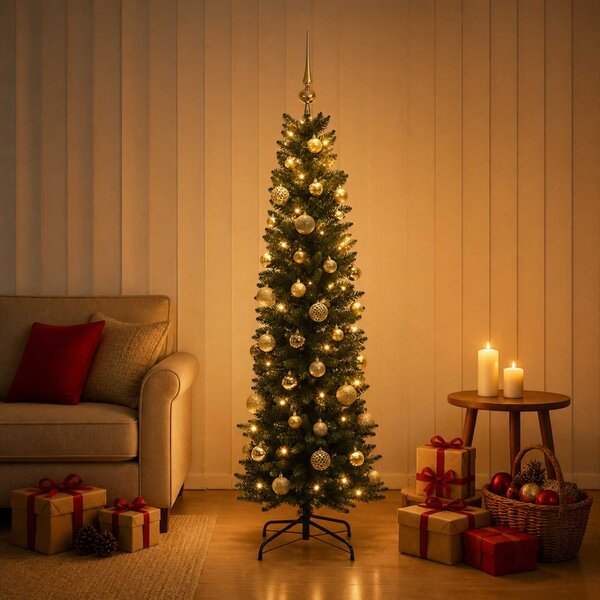Karcsú műkarácsonyfa gömbökkel 120 cm 150 LED Meleg fehér