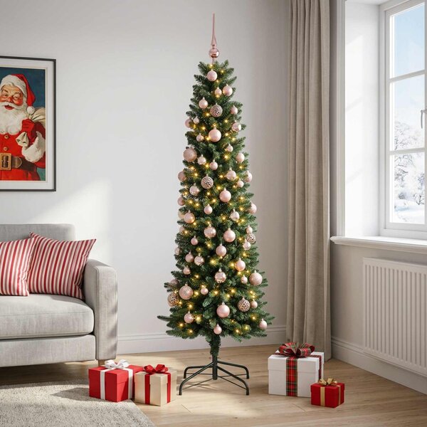 Karcsú műkarácsonyfa gömbökkel 210 cm 300 LED Meleg fehér