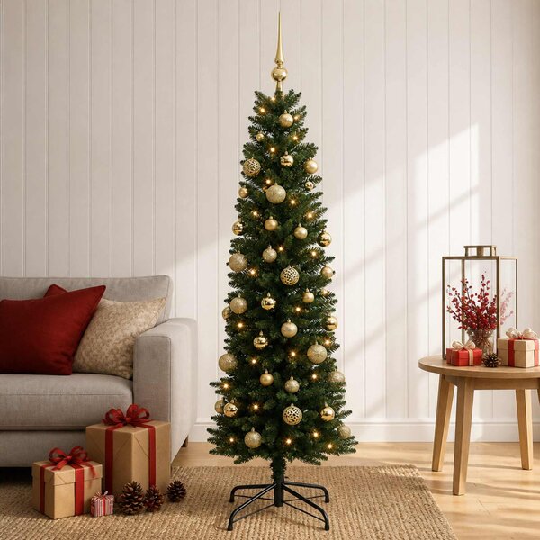 Karcsú műkarácsonyfa gömbökkel 120 cm 150 LED Meleg fehér
