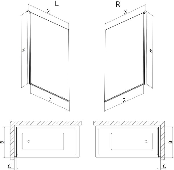 Mexen Mist fürdőkádparaván 1-szárnyú 50 x 150 cm, átlátszó, fekete - 8A9-050-001-70-00