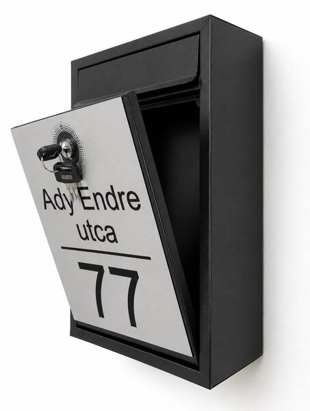 Klasszikus fém postaláda, gravírozott felirattal, fekete-ezüst
