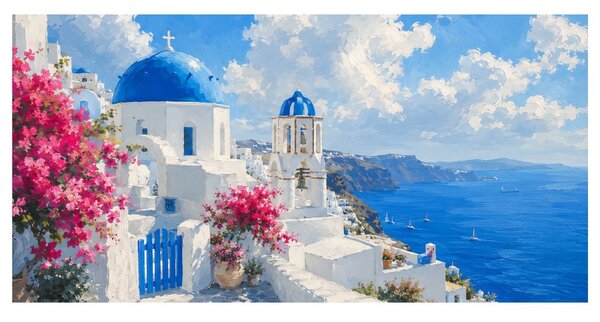 Kép virágzó Santorini nyári ég alatt