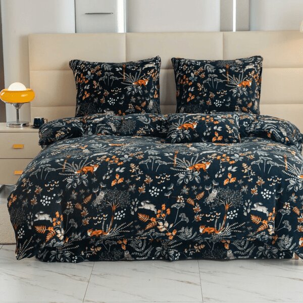 Mikroplüss ágyneműhuzat szett RÓKA ÉS NYÚL sötétzöld + mikroplüss lepedő SOFT 90x200 cm fehér, egyszemélyes