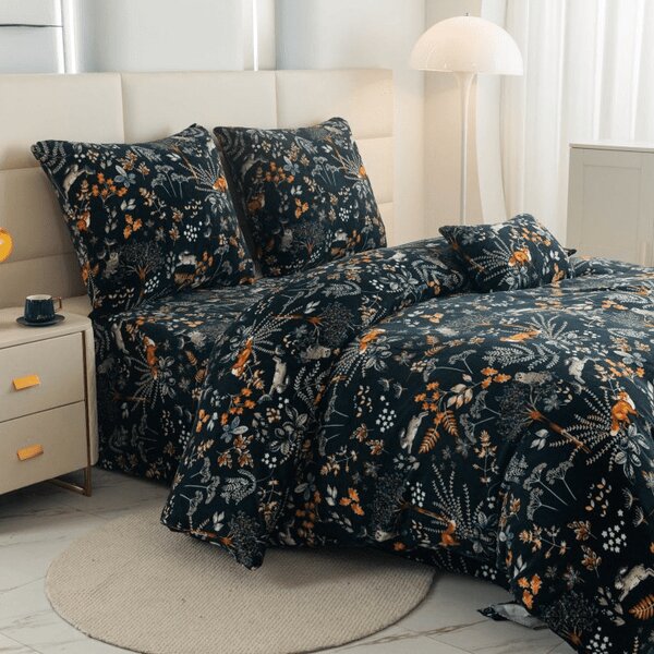 Mikroplüss ágyneműhuzat szett RÓKA ÉS NYÚL sötétzöld + mikroplüss lepedő SOFT 90x200 cm fehér, egyszemélyes