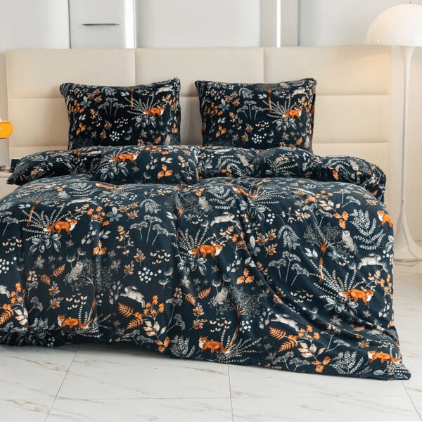 Mikroplüss ágyneműhuzat szett RÓKA ÉS NYÚL sötétzöld + mikroplüss lepedő SOFT 90x200 cm fehér, egyszemélyes