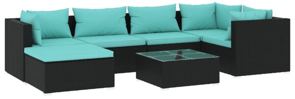 7 részes fekete polyrattan kerti ülőgarnitúra párnákkal