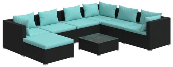 8 részes fekete polyrattan kerti ülőgarnitúra párnákkal