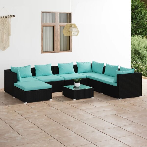 8 részes fekete polyrattan kerti ülőgarnitúra párnákkal