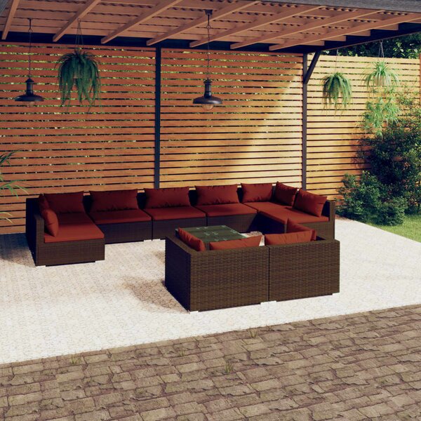 10 részes barna polyrattan kerti bútorszett párnákkal