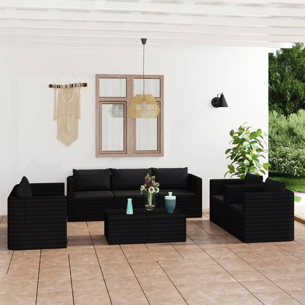 9 részes fekete polyrattan kerti bútorszett párnákkal