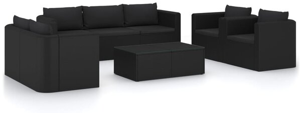 9 részes fekete polyrattan kerti bútorszett párnákkal