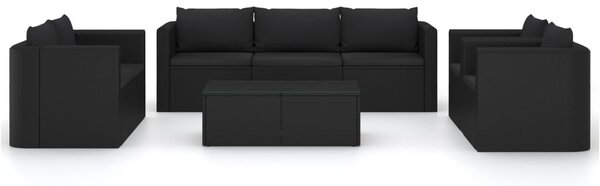 9 részes fekete polyrattan kerti bútorszett párnákkal