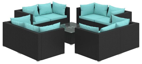 9 részes fekete polyrattan kerti ülőgarnitúra párnákkal