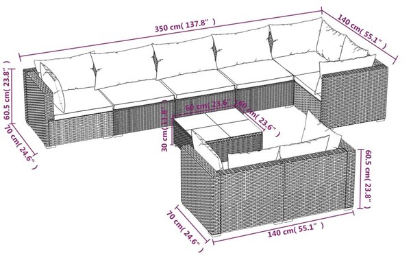 9 részes barna polyrattan kerti ülőgarnitúra párnákkal