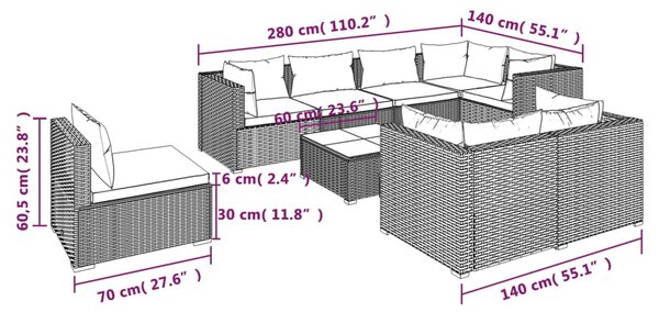 9 részes barna polyrattan kerti bútorszett párnákkal