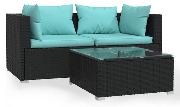 3 részes fekete polyrattan kerti ülőgarnitúra párnákkal