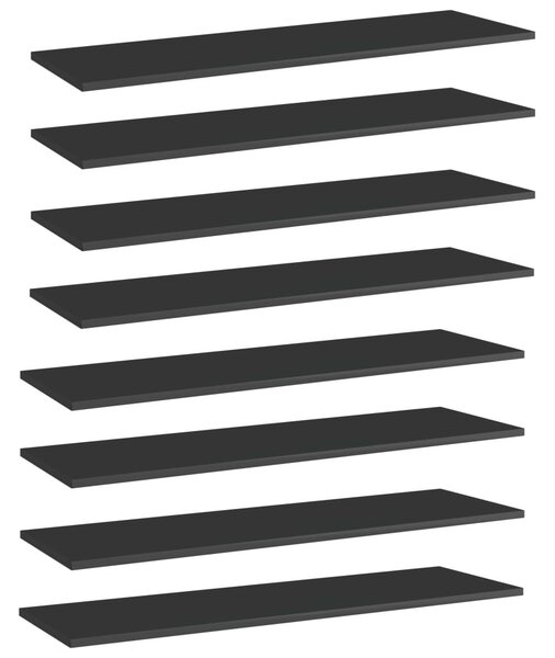 8 db magasfényű fekete forgácslap könyvespolc 100 x 30 x 1,5 cm