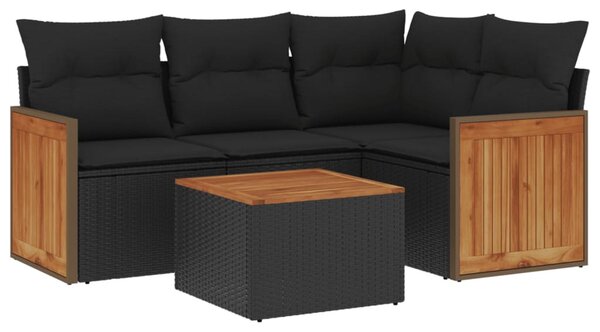 5 részes fekete polyrattan kerti kanapészett párnákkal