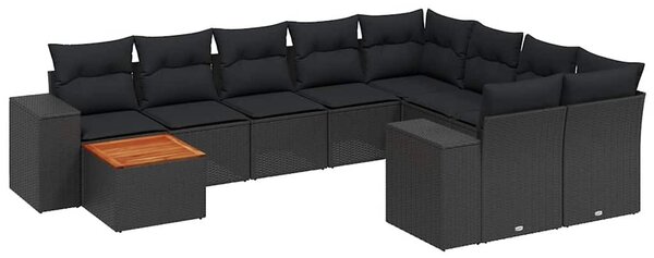 10 részes fekete polyrattan kerti ülőgarnitúra párnákkal