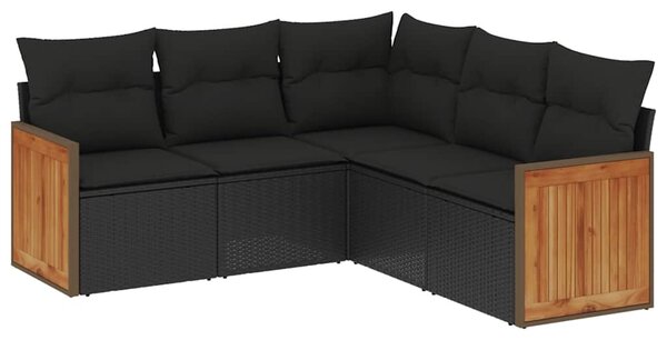 5 részes fekete polyrattan kerti kanapészett párnákkal