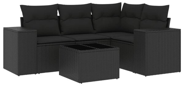 5 részes fekete polyrattan kerti kanapészett párnákkal