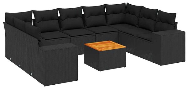10 részes fekete polyrattan kerti ülőgarnitúra párnákkal