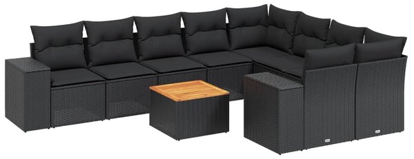 10 részes fekete polyrattan kerti ülőgarnitúra párnákkal