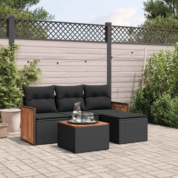 5 részes fekete polyrattan kerti kanapészett párnákkal