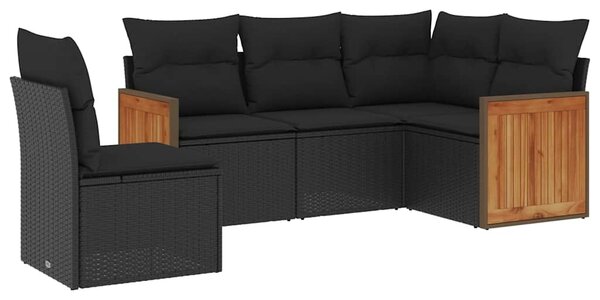 5 részes fekete polyrattan kerti kanapészett párnákkal