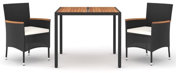 3 részes fekete polyrattan kerti étkezőgarnitúra párnákkal