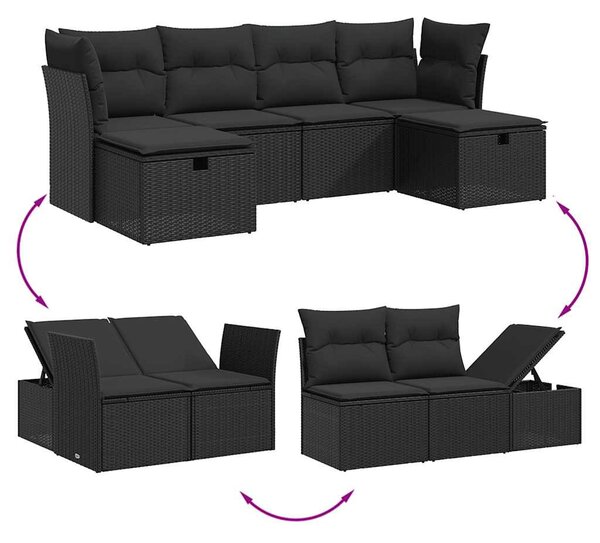 6 részes fekete polyrattan kerti ülőgarnitúra párnákkal