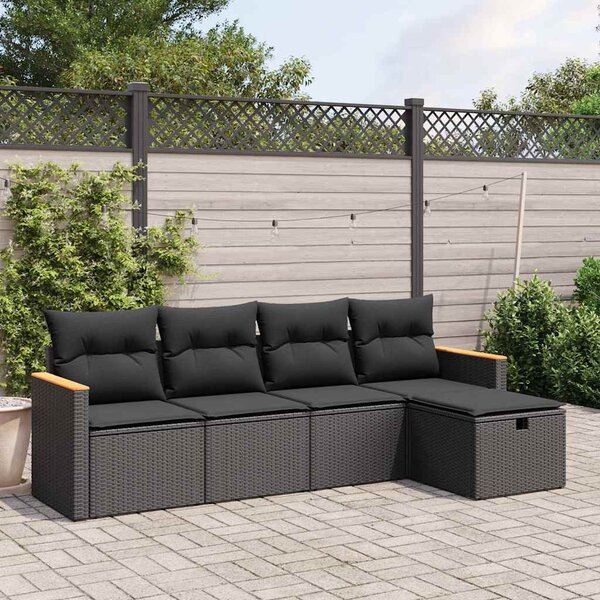 5 részes fekete polyrattan kerti kanapészett párnákkal