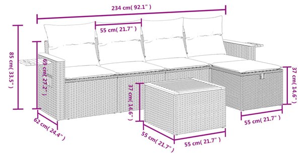 6 részes fekete polyrattan kerti ülőgarnitúra párnákkal