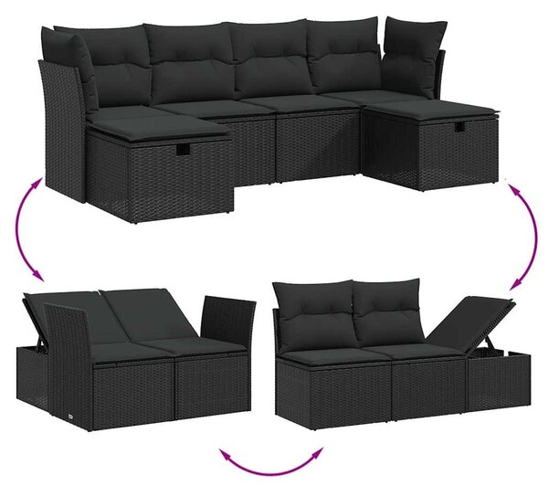 6 részes fekete polyrattan kerti ülőgarnitúra párnákkal