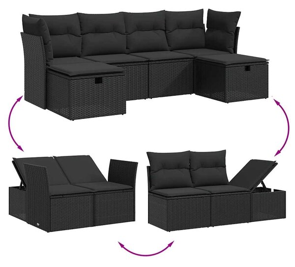 6 részes fekete polyrattan kerti ülőgarnitúra párnákkal