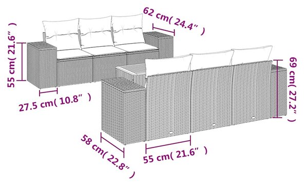 7 részes fekete polyrattan kerti ülőgarnitúra párnával