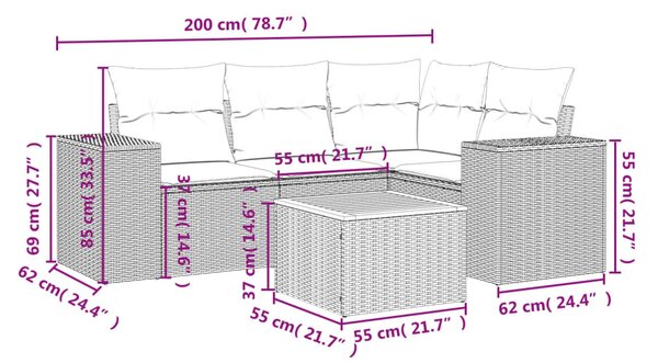 5 részes fekete polyrattan kerti kanapészett párnákkal