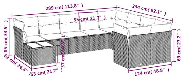 10 részes fekete polyrattan kerti ülőgarnitúra párnákkal