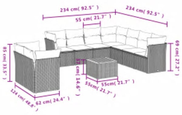 10 részes bézs polyrattan kerti ülőgarnitúra párnával