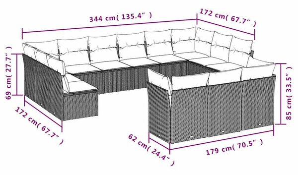 13 részes fekete polyrattan kerti ülőgarnitúra párnákkal