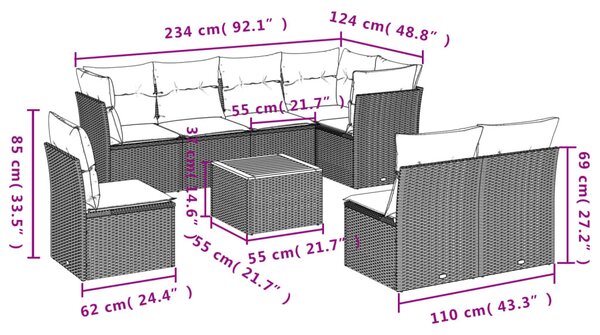 9 részes bézs polyrattan kerti ülőgarnitúra párnákkal