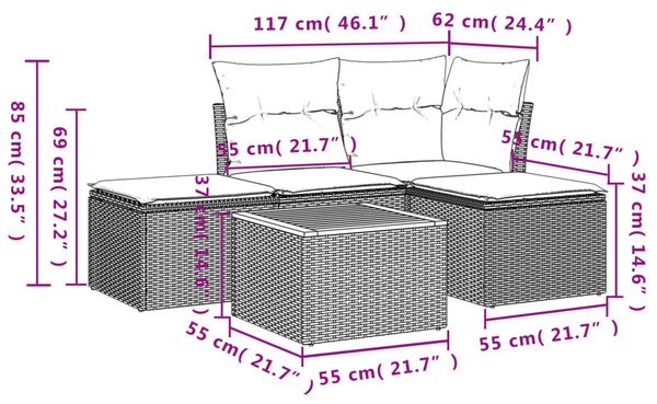 5 részes bézs polyrattan kerti ülőgarnitúra párnákkal