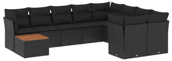 10 részes fekete polyrattan kerti ülőgarnitúra párnákkal