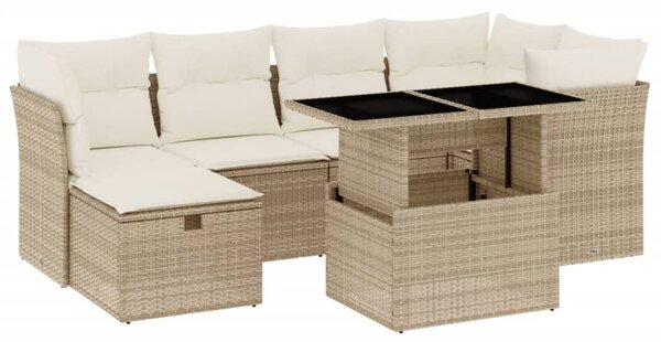 7 részes bézs polyrattan kerti ülőgarnitúra párnákkal