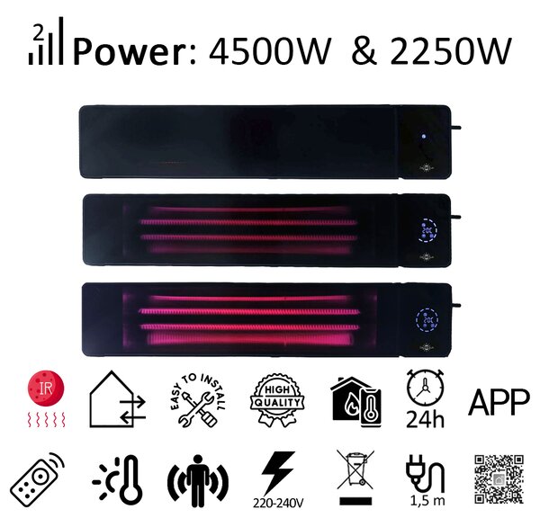 4500W/2250 watt, ElectricSun fekete, infravörös teraszfűtő beltéri/kültéri használatra, termosztáttal és alkalmazással, 100x18 cm-es