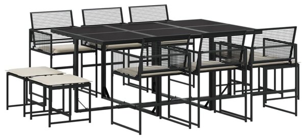 11 részes fekete polyrattan kerti étkezőgarnitúra párnákkal